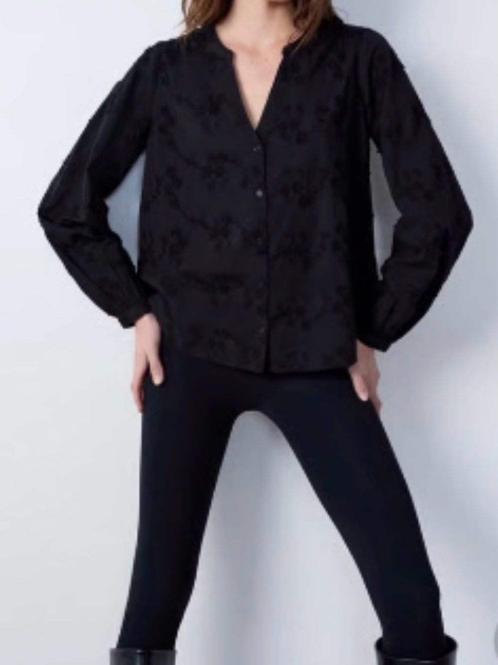 Calypso 100% cotton floral embroidery Black V-Neck Button-Front Blouse - Women's